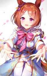 Rule 34 | 1girl, absurdres, animal ears, blush, bow, bowtie, breasts, brooch, brown hair, cowboy shot, hair ornament, highres, horse ears, horse girl, horse tail, jacket, jewelry, long sleeves, open mouth, outstretched arms, petals, pink bow, pink bowtie, reaching, reaching towards viewer, sakura laurel (umamusume), short hair, shorts, small breasts, snowy integrity (umamusume), solo, tail, thighhighs, umamusume, white jacket, white shorts, white thighhighs, yamada auto