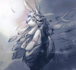 Rule 34 | 1other, absurdres, animal ears, commentary request, feathers, furry, helmet, highres, horizontal pupils, looking away, made in abyss, muted color, nanachi (made in abyss), other focus, pants, parted lips, puffy pants, smoke, solo, standing, tomii (tomp son), topless, whiskers