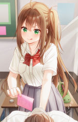 Rule 34 | 1boy, 1girl, :q, ahoge, bow, bowtie, breasts, brown hair, bulletin board, classroom, commentary, day, desk, dress shirt, eraser, green eyes, hair between eyes, hair intakes, highres, indoors, long hair, looking at another, medium breasts, original, pencil case, pleated skirt, prank, red neckwear, school uniform, shirt, short sleeves, side ponytail, sign, skirt, sleeping, tongue, tongue out, unjem, v-shaped eyebrows, zzz