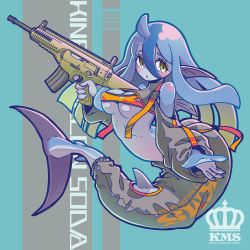 Rule 34 | 1girl, :o, ahoge, arched back, artist name, arx-160, ass, blue hair, blue skin, blush, breasts, clothing cutout, colored skin, female focus, fins, gun, hair between eyes, highres, holding, holding gun, holding weapon, king&#039;s melon soda, long hair, looking at viewer, medium breasts, mermaid, monster girl, original, rifle, shoulder cutout, solo, strap, strapless, tube top, weapon