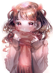 Rule 34 | 1girl, absurdres, breath, brown hair, brown jacket, brown sweater, covered mouth, hair ribbon, hands up, highres, jacket, long hair, looking at viewer, original, pinapo 25, pink eyes, red ribbon, red scarf, ribbon, scarf, scarf over mouth, school uniform, simple background, sleeves past wrists, solo, sweater, swept bangs, twintails, upper body, white background