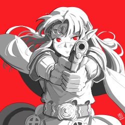 Rule 34 | 1girl, aiming, aiming at viewer, automatic giraffe, belt, cape, dated, english text, floating cape, floating hair, gun, handgun, holding, holding gun, holding weapon, long pointy ears, meme, nintendo, parted bangs, pistol, pointy ears, princess zelda, red background, red eyes, solo, spot color, super smash bros., the legend of zelda, the legend of zelda: a link between worlds, v-shaped eyebrows, weapon
