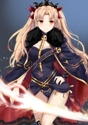 Rule 34 | 1girl, absurdres, artist name, blonde hair, blush, breasts, cape, commentary request, ereshkigal (fate), fate/grand order, fate (series), hair ribbon, highres, huidare, jewelry, long hair, looking at viewer, medium breasts, parted bangs, red eyes, ribbon, skull, smile, solo, standing, tiara, two side up