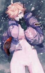 Rule 34 | 1girl, akrk200kg, black gloves, bodysuit, clenched teeth, earpiece, gloves, hair over one eye, holding, jacket, leather, leather jacket, one eye covered, one piece, open clothes, open jacket, orange hair, outdoors, pink bodysuit, pink eyes, purple jacket, short hair, smile, snow, snowing, solo, teeth, vegapunk lilith