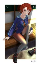 Rule 34 | 1girl, arezu (pokemon), arm support, black footwear, black shorts, blue jacket, blush, boots, border, breasts, brown bag, brown eyes, collarbone, commentary request, cowlick, creatures (company), female focus, full body, game freak, gradient legwear, highres, jacket, long sleeves, looking at viewer, nintendo, open mouth, outside border, pantyhose, pokemon, pokemon legends: arceus, red hair, short hair, shorts, sitting, solo, teeth, tongue, tongue out, unworn boot, unworn boots, upper teeth only, white border, worange
