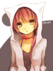 Rule 34 | 1girl, animal ears, animal hood, bow, bowtie, brown eyes, brown hair, cat ears, choker, copyright request, fake animal ears, hood, hoodie, kuroi (liar-player), light smile, long hair, looking at viewer, nekomura iroha, parted lips, red bow, simple background, solo, vocaloid, white background