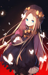 Rule 34 | 1girl, abigail williams (fate), arm at side, black background, black bow, black hat, blonde hair, blue eyes, bow, bowler hat, bug, butterfly, commentary request, fate/grand order, fate (series), gradient background, hair bow, hands in opposite sleeves, hat, highres, hugging object, insect, kamon (shinshin), long hair, long sleeves, looking at viewer, orange bow, parted bangs, parted lips, polka dot, polka dot bow, red background, solo, stuffed animal, stuffed toy, teddy bear, very long hair