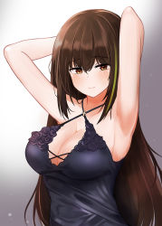 Rule 34 | 1girl, armpits, arms behind head, arms up, blush, breasts, brown eyes, brown hair, cla (finesoda), cleavage, dress, girls&#039; frontline, green hair, halterneck, highres, large breasts, long hair, looking at viewer, m4a1 (girls&#039; frontline), m4a1 (suspender of time) (girls&#039; frontline), multicolored hair, official alternate costume, solo, streaked hair, upper body