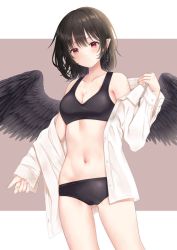 Rule 34 | 1girl, bird wings, black bra, black panties, black wings, blush, bra, breasts, brown hair, buttons, cleavage, closed mouth, collarbone, collared shirt, commentary request, cowboy shot, dot mouth, dot nose, eyelashes, feathered wings, fingernails, highres, large wings, medium breasts, navel, open clothes, open shirt, panties, red eyes, shameimaru aya, shirt, short hair, simple background, sleeve cuffs, solo, standing, stomach, thighs, touhou, underwear, white shirt, wing collar, wings, y na1211