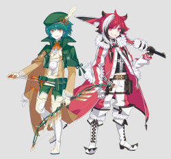 Rule 34 | 2boys, armor, arrow (projectile), belt, beret, black hair, black shirt, boots, bow (weapon), brown shirt, buttons, capelet, center frills, child, coat, creatures (company), cross-laced footwear, decidueye, fold-over boots, frilled shirt, frills, full body, fur-trimmed coat, fur-trimmed footwear, fur trim, game freak, gen 7 pokemon, gloves, green capelet, green hair, green headwear, green pants, grey background, grin, half gloves, happy, hat, hat feather, heel up, high collar, highres, holding, holding arrow, holding bow (weapon), holding sword, holding weapon, humanization, knee boots, knee pads, kunai, long sleeves, looking at viewer, lycanroc, lycanroc (midnight), male focus, matching hair/eyes, medium hair, merlusa, midriff peek, multicolored hair, multiple boys, navel, nintendo, open clothes, open coat, orange eyes, over shoulder, pants, pokemon, pom pom (clothes), pouch, quiver, red coat, red eyes, red hair, red pants, sharp teeth, shirt, short hair, shoulder armor, sidelocks, simple background, smile, standing, sword, tassel, teeth, thigh boots, thigh strap, undershirt, v-shaped eyebrows, weapon, weapon over shoulder, white footwear, white gloves, white hair, white shirt, yellow gloves