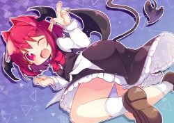 Rule 34 | ;d, absurdres, black vest, blush, bow, bowtie, breasts, brown footwear, child, demon tail, demon wings, fang, frills, hair intakes, highres, long sleeves, matatabi (nigatsu), one eye closed, open mouth, pointy ears, red eyes, red hair, shirt, shoes, short hair, small breasts, smile, socks, tail, vest, white legwear, white shirt, wings, wink