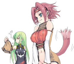 Rule 34 | 00s, 2girls, bare shoulders, blue eyes, breasts squeezed together, breasts, c.c., code geass, covered erect nipples, fang, green hair, kouzuki kallen, large breasts, lowres, multiple girls, oekaki, red hair, satou atsuki, sleeveless, sleeveless turtleneck, tail, translation request, turtleneck, yellow eyes