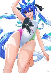 Rule 34 | 1girl, :d, absurdres, ahoge, animal ears, aqua hair, arm up, artist name, barefoot, black ribbon, blue eyes, blue hair, covered navel, hair ribbon, heterochromia, highres, horse ears, horse girl, legs up, long hair, looking at viewer, messy hair, multicolored clothes, multicolored hair, multicolored swimsuit, one-piece swimsuit, open mouth, oryou gunsou, print swimsuit, purple eyes, ribbon, sharp teeth, sidelocks, signature, simple background, smile, solo, standing, standing on one leg, swimsuit, tan, tanline, teeth, twin turbo (umamusume), twintails, two-tone hair, umamusume, very long hair, wet, white background