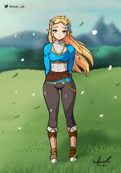 Rule 34 | 1girl, 2021, absurdres, arms behind back, boots, female focus, flower, full body, green eyes, highres, izaiah, long hair, looking at viewer, nintendo, outdoors, pants, princess zelda, smile, standing, the legend of zelda, the legend of zelda: breath of the wild, thigh gap, thighs, wind