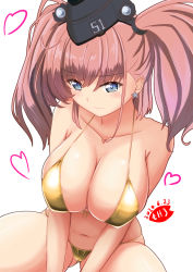 Rule 34 | 1girl, artist logo, atlanta (kancolle), bikini, black hat, breasts, brown hair, cleavage, collarbone, commentary request, cowboy shot, dated, earrings, garrison cap, gold bikini, grey eyes, hat, jewelry, kantai collection, large breasts, long hair, moke ro, one-hour drawing challenge, simple background, sitting, solo, star (symbol), star earrings, swimsuit, two side up, white background