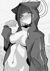 Rule 34 | 1girl, absurdres, animal hood, blue archive, blush, breasts, cat hood, choker, classroom, closed mouth, collarbone, greyscale, groin, halo, highres, hood, indoors, jacket, kamitsune28rita, kazusa (blue archive), long sleeves, looking at viewer, medium breasts, monochrome, nipples, open clothes, open jacket, out-of-frame censoring, short hair, sidelocks, solo, stomach