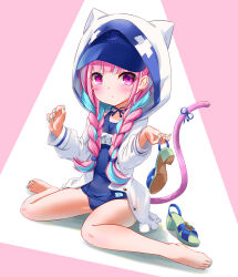Rule 34 | 1girl, absurdres, barefoot, baseball cap, blue hair, blue hat, blue one-piece swimsuit, blush, braid, cat tail, expressionless, feet, hat, highres, hololive, hood, hood up, jacket, jun (noiji guren 0220), legs, looking at viewer, minato aqua, multicolored hair, nail polish, name tag, no pants, old school swimsuit, one-piece swimsuit, purple eyes, purple hair, ribbon, sandals, school swimsuit, sitting, solo, swimsuit, swimsuit under clothes, tail, tail ornament, tail ribbon, thighs, toes, twin braids, twintails, two-tone hair, virtual youtuber, white jacket