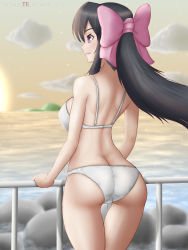 Rule 34 | 1girl, absurdres, ass, back, black hair, bow, bra, breasts, butt crack, closed mouth, cloud, commentary request, hair bow, highres, large breasts, long hair, noihara himari, omamori himari, outdoors, panties, pink bow, ponytail, purple eyes, sky, smile, solo, standing, tsukare (ttsukae), underwear, underwear only, water, white bra, white panties