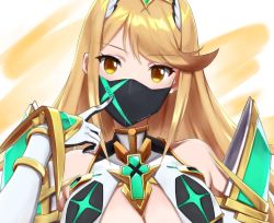 Rule 34 | 1girl, bare shoulders, blonde hair, breasts, chest jewel, circlet, cleavage, cleavage cutout, clothing cutout, dress, elbow gloves, gloves, large breasts, long hair, looking at viewer, mask, mythra (xenoblade), solo, swept bangs, two-tone background, upper body, white background, white dress, white gloves, xenoblade chronicles (series), xenoblade chronicles 2, yamushinhan, yellow background, yellow eyes