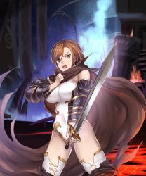 Rule 34 | 10s, 1girl, armor, bad id, bad pixiv id, black eyes, black knight (granblue fantasy), brown hair, cape, cowboy shot, eko, granblue fantasy, highleg, highleg leotard, highres, indoors, leotard, looking at viewer, solo, sword, torn clothes, weapon
