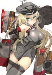 Rule 34 | 10s, 1girl, bad id, bad pixiv id, bismarck (kancolle), bismarck kai (kancolle), blonde hair, breasts, cannon, cucurbita, gloves, green eyes, grey thighhighs, hat, highres, kantai collection, large breasts, long hair, looking at viewer, peaked cap, personification, pointing, pointing at viewer, solo, thighhighs