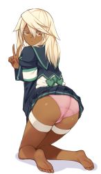 Rule 34 | 1girl, ahoge, arc system works, ass, bad id, bad pixiv id, barefoot, black shirt, blonde hair, blouse, blush, dark-skinned female, dark skin, expressionless, feet, from behind, full body, green eyes, guilty gear, guilty gear xrd, h-man, long hair, looking at viewer, looking back, miniskirt, open mouth, orange eyes, panties, parted lips, pink panties, ramlethal valentine, school uniform, serafuku, shiny skin, shirt, simple background, skirt, soles, solo, thigh strap, toes, underwear, v, white background, yoi naosuke