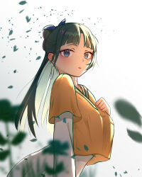 Rule 34 | 1girl, absurdres, blue eyes, blurry, blurry foreground, bow, day, earrings, green hair, hair bow, highres, jewelry, kamory, kusuriya no hitorigoto, leaning forward, long hair, long sleeves, maomao (kusuriya no hitorigoto), outdoors, parted bangs, solo, standing