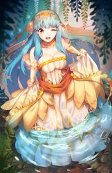 Rule 34 | 1girl, aqua hair, artist name, bad id, bad pixiv id, bare shoulders, breasts, bridal gauntlets, bride, cleavage, covered navel, dress, fire emblem, fire emblem: the blazing blade, fire emblem heroes, full body, hair ornament, large breasts, long hair, ninian, nintendo, one eye closed, open mouth, partially submerged, red eyes, sidelocks, signature, skirt hold, smile, solo, standing, streya, wading, wedding dress
