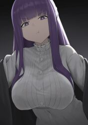 Rule 34 | 1girl, :t, absurdres, black background, blunt bangs, breasts, covered navel, dress, fangfangtu, fern (sousou no frieren), gradient background, highres, large breasts, long hair, long sleeves, looking at viewer, pout, purple eyes, purple hair, sousou no frieren, turtleneck, upper body, white dress