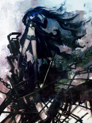 Rule 34 | 10s, 1girl, arm cannon, belt, bikini, bikini top only, black hair, black rock shooter, black rock shooter (character), blue eyes, boots, cape, chain, glowing, glowing eyes, highres, huke, knee boots, long hair, pale skin, scar, short shorts, shorts, solo, swimsuit, twintails, vocaloid, weapon, zipper