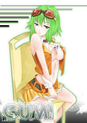 Rule 34 | 1girl, absurdres, between breasts, breasts, chair, character name, goggles, goggles on head, green eyes, green hair, gumi, highres, hija, looking at viewer, matching hair/eyes, navel, open clothes, open shirt, red-tinted eyewear, shirt, short hair, sitting, skirt, smile, solo, tinted eyewear, vocaloid