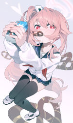 Rule 34 | 1girl, black sailor collar, black skirt, black thighhighs, blue archive, cardigan, drink, drinking straw, eating, foreshortening, from above, halo, holding, holding drink, long hair, long sleeves, mouth hold, natsu (blue archive), neckerchief, omurice (304975636), pink hair, pink halo, pleated skirt, red eyes, red neckerchief, sailor collar, shoes, side ponytail, skirt, solo, thighhighs, white cardigan, white footwear