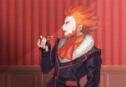 Rule 34 | 1boy, black gloves, black jacket, commentary request, creatures (company), facial hair, fingerless gloves, fur-trimmed jacket, fur trim, game freak, gloves, holding, indoors, jacket, kusuribe, long sleeves, lysandre (pokemon), male focus, nintendo, open mouth, orange hair, pokemon, pokemon xy, signature, solo, spiked hair, team flare, teeth, tongue