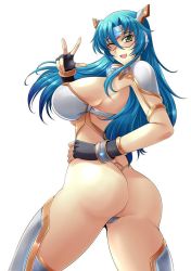 Rule 34 | armor, ass, blue hair, breasts, collar, elbow gloves, forehead jewel, glasses, gloves, green eyes, haganef, huge ass, huge breasts, large breasts, long hair, looking back, mikagami shining, one eye closed, open mouth, sexheroine shining, shining dradon, smile, tagme, v