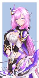 Rule 34 | 1girl, absurdres, arrow (projectile), asymmetrical sleeves, blue background, blue eyes, bow (weapon), breasts, cleavage, elbow gloves, elysia (honkai impact), elysia (miss pink elf) (honkai impact), gloves, grin, hair between eyes, hair ornament, highres, holding, holding arrow, holding bow (weapon), holding weapon, honkai (series), honkai impact 3rd, long hair, long sleeves, looking at viewer, open mouth, pink hair, pointy ears, single glove, smile, solo, teeth, uneven sleeves, weapon, yang1413