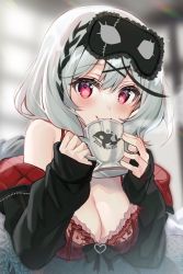 Rule 34 | 1girl, bare shoulders, black jacket, bra, braid, breasts, cleavage, cup, grey hair, hair ornament, holding, hololive, jacket, kawachi rin, long sleeves, looking at viewer, mask, mask on head, medium breasts, off shoulder, open clothes, open jacket, red bra, red eyes, sakamata chloe, short hair, sleep mask, smile, solo, underwear, upper body, virtual youtuber, x hair ornament
