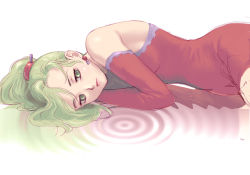 Rule 34 | 1girl, bare shoulders, final fantasy, final fantasy vi, green eyes, green hair, light green hair, lips, long hair, lying, on side, pink lips, ponytail, reflection, solo, strapless, tina branford, yuccoshi