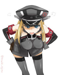Rule 34 | 10s, 1girl, ajino (sakanahen), anger vein, armband, bismarck (kancolle), blonde hair, blue eyes, blush, breasts, cross, elbow gloves, gloves, grey thighhighs, hands on own hips, hat, hiraki ajino, iron cross, kantai collection, leaning, leaning forward, long hair, looking at viewer, military, military uniform, open mouth, peaked cap, personification, scolding, simple background, solo, sweatdrop, thighhighs, twitter username, uniform, white background, zettai ryouiki