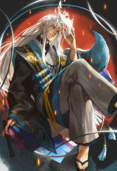 Rule 34 | 1boy, closed mouth, hangleing, japanese clothes, long hair, looking at viewer, male focus, onmyoji, pointy ears, solo, tail, white hair, yellow eyes, youko (onmyoji)
