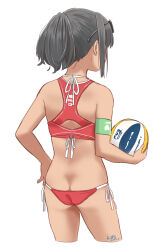 1girl ass back ball beachball bikini black_hair butt_crack cropped_legs eyewear_on_head flat_ass halterneck highres holding holding_ball holding_beachball original ponytail retsumaru short_hair side-tie_bikini_bottom simple_background single_sidelock solo standing sunglasses swimsuit white_background