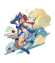Rule 34 | 1girl, absurdres, blue eyes, blue footwear, blue gloves, blue shorts, boots, breasts, commentary, creatures (company), game freak, gen 5 pokemon, gloves, gym leader, hair ornament, highres, large breasts, long hair, looking at viewer, midriff, navel, nintendo, official art, open mouth, pilot, pokemon, pokemon (creature), pokemon bw, red hair, saitou naoki, short hair with long locks, short shorts, shorts, sidelocks, skyla (pokemon), smile, swanna, symbol-only commentary