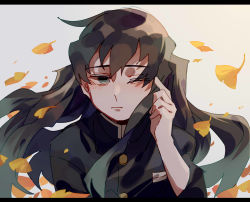 Rule 34 | 1boy, black hair, black jacket, chinese commentary, closed mouth, commentary request, falling leaves, gakuran, gradient hair, green eyes, green hair, grey background, hand up, highres, jacket, kimetsu no yaiba, leaf, letterboxed, long hair, looking at viewer, male focus, mogutofuoes, multicolored hair, one eye closed, school uniform, solo, tokitou muichirou, twintails, upper body