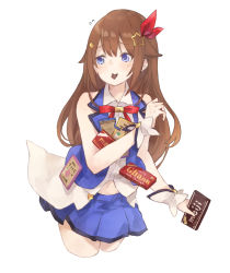 Rule 34 | 1girl, blue eyes, brown hair, candy, candy bar, chocolate, cropped legs, eating, flying sweatdrops, food, hair ornament, highres, holding, holding candy, holding food, hololive, kase (kurimuzone oruta), long hair, looking to the side, navel, simple background, solo, spilling, star (symbol), star hair ornament, tokino sora, tokino sora (1st costume), virtual youtuber, white background, wrist cuffs