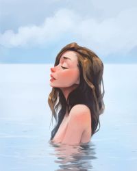 Rule 34 | 1girl, brown hair, closed eyes, freckles, highres, lips, long hair, nude, outdoors, parted lips, partially submerged, photo-referenced, profile, real life, sam yang, solo, teeth, upper teeth only, water