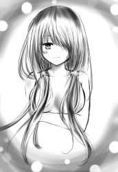 Rule 34 | 10s, 1girl, black hair, blush, breasts, date a live, greyscale, long hair, looking at viewer, miru (millefeuille), monochrome, one eye covered, simple background, smile, solo, tokisaki kurumi, twintails