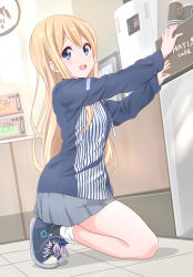 Rule 34 | 1girl, blonde hair, blue eyes, commentary request, convenience store, dresstrip, employee uniform, indoors, k-on!, kneeling, kotobuki tsumugi, lawson, long hair, long sleeves, looking at viewer, open mouth, pleated skirt, shirt, shoes, shop, skirt, smile, solo, uniform