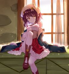 Rule 34 | 1girl, atelier (series), atelier sophie, backlighting, bad id, bad pixiv id, blue coat, bonnet, boots, brown footwear, brown hair, closed mouth, coat, corset, cropped legs, cross-laced footwear, curtains, happy turn2, head tilt, knee boots, lace-up boots, looking at viewer, red skirt, short hair, sitting, skirt, smile, solo, sophie neuenmuller, window, yellow eyes