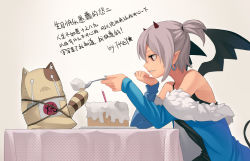 Rule 34 | 1girl, artist name, bad id, bad pixiv id, bare shoulders, bat wings, cake, candle, chinese text, crying, demon girl, fkey, food, fork, grey hair, head rest, horns, nail polish, o o, original, pointy ears, profile, red eyes, short hair, simplified chinese text, smile, solo, spoon, streaming tears, table, tanuki, tears, translation request, wings