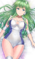Rule 34 | 1girl, blue eyes, blue leotard, blush, breasts, cleavage cutout, clothing cutout, collarbone, covered navel, elbow pads, exhausted, frog hair ornament, from above, gluteal fold, green hair, hair between eyes, hair ornament, hair tubes, knee pads, kochiya sanae, large breasts, leotard, lips, looking at viewer, lying, snake hair ornament, sweat, touhou, touhou tag dream, white leotard, wrestling outfit, wrestling ring, y2