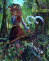 Rule 34 | 1girl, animal ears, bright pupils, brown hair, bush, canvas (medium), cat, cat ears, cat tail, chen, dress, earrings, fang, green hat, harikona, hat, high heels, jewelry, leaf, long sleeves, looking back, mixed media, mob cap, multiple tails, nekomata, oil painting (medium), open mouth, outdoors, painting (medium), parted bangs, puffy sleeves, red dress, shirt, solo, tail, touhou, traditional media, tree, two tails, white legwear, white shirt, yellow eyes, zun hat